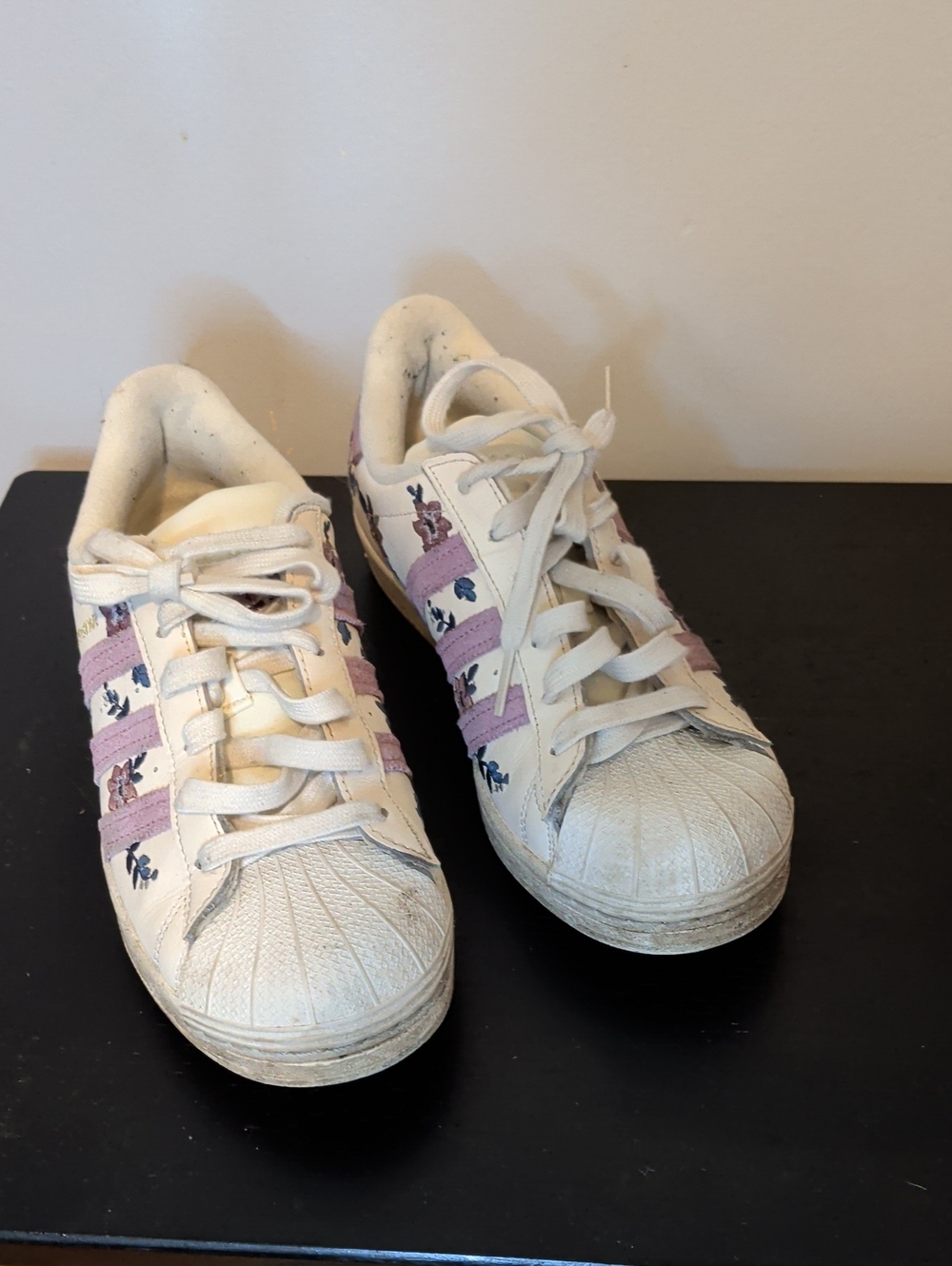 adidas Superstar White Sneakers with Pink Stripes and Floral Accents